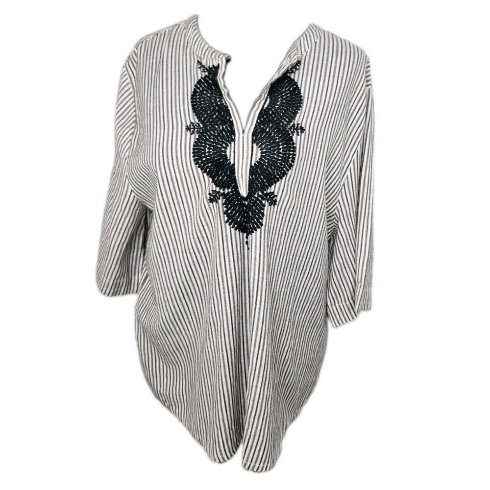 Masai Women Top Black Striped Top V Neck Embroider Cotton Tunic XL